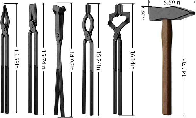 6PCS Blacksmith Tools with Blacksmith Tongs and Blacksmith Hammer,V-Bit, V-Bit Bolt, V-Bit,Scrollings,Square Jaw, and Bladeand Assembled Blacksmithing Tongs for Forging Tools and Equipment