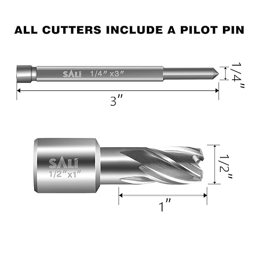 SALI Annular Cutter Diameter 1/2 Inch with Weldon Shank 3/4" (with 2 Flats) Cutting Depth 1" Mag Drill Bit for Magnetic Drill Press HSS Fully Ground Drill with One 1/4"*3" Pilot Pin