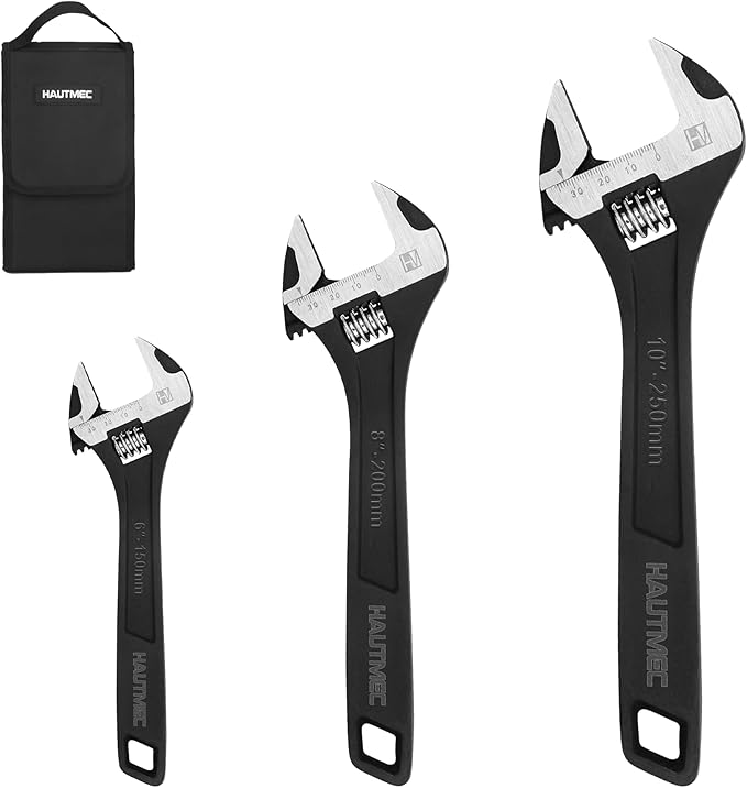 HAUTMEC 3PCS Adjustable Wrench Set Extra Wide Jaw Black Finish Adjustable Wrenches Drop-Forged CR-V Steel Metric & SAE Scales 6 in. 8 in. 10 in. for Home Garage Workshop DIY