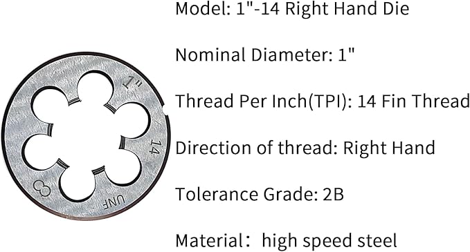 Lzcdelyxiao 1"-14 Die UNF 1"-14 TPI Right Hand Nominal Diameter 1" Thread Per Inch 14 Fin Thread Tolerance Grade 2B Right Hand Thread High Speed Steel HSS