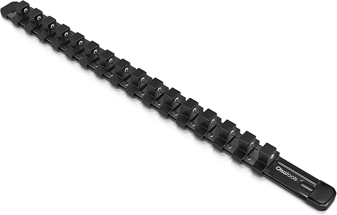Olsa Tools Socket Organizer - 1/2-Inch Drive Socket Holder Rail - Black Aluminum Rail Stores 16 Impact or Chrome Sockets -Professional Grade Metric or SAE Socket Organizer - Part: 1022