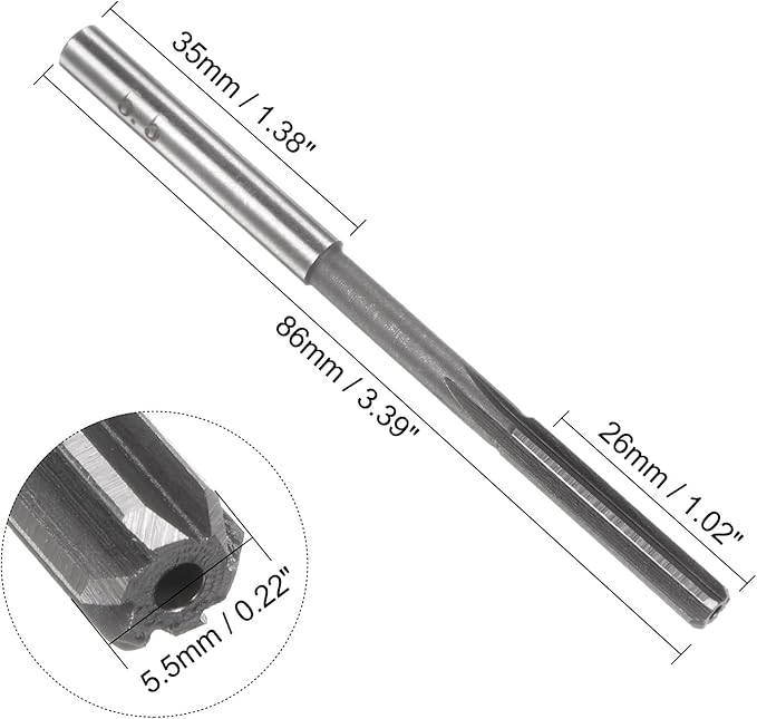 uxcell Chucking Reamer 5.5mm, H7 HSS Lathe Machine Reamer 6 Straight Flutes, Round Shank Milling Cutting Tool, Metric Reaming Drill Bit for Stainless Steel Metal Hole