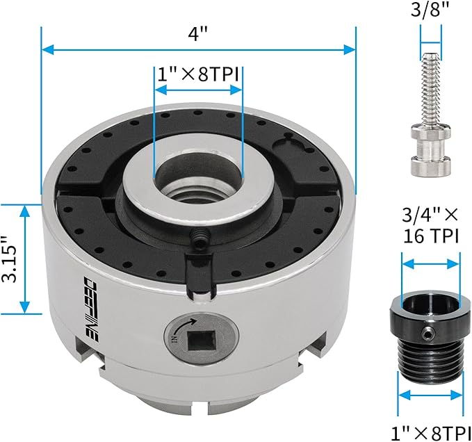 4 Inch Wood Lathe Chuck Set 1" x 8TPI Thread & 3/4"x16TPI Adapter, Nickel Plated Self-Centering 4 Jaw Wood Turning Chuck.(4 jaw)