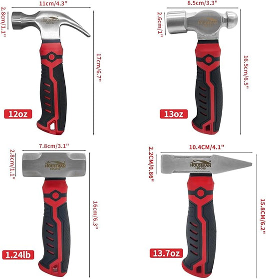 4-Piece Small Hammer Set, 8oz Ball Peen, Claw, Sledge, Cross Peen, Mechanic Hammer Mini Mallet Tool for Craft