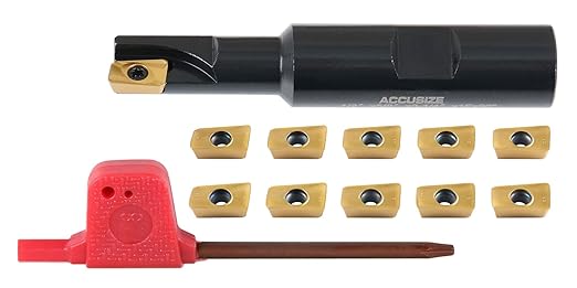 Accusize Industrial Tools 1/2" 90째 Square Shoulder Indexable End Mill w/ 10 add'l APKT11T308 Inserts, 5/8" Shank, 3-1/4" OAL, 0.433" ap, 1 Flute, APKT11T308, Carbide Insert, 0056-0913+0056-1130