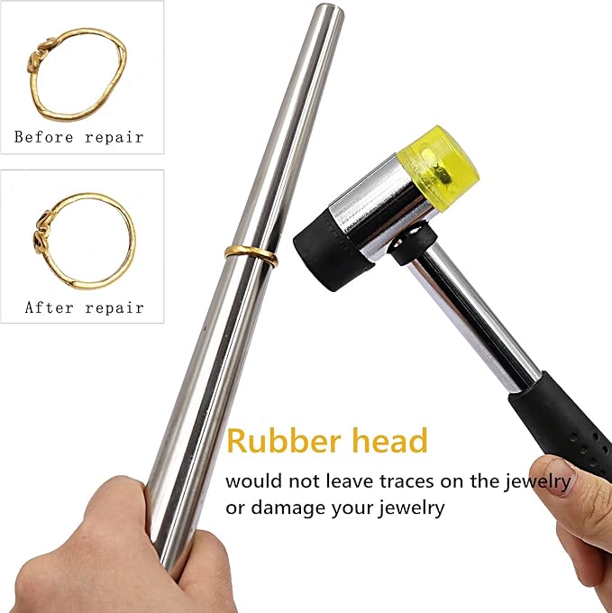 Ring Sizer Measuring Tool Ring Mandrel Set Ring Sizer Tool Ring Sizer Gauge US&UK Size Ring Mandrel Stainless Steel Rubber Jewelers Mallet Hammer