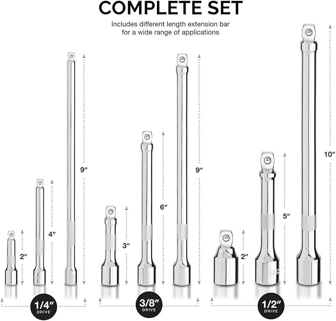 NEIKO 00249A Wobble Extension Bar Set | 9 Piece | 1/4?? 3/8?? 1/2??Drives | Cr-V Steel