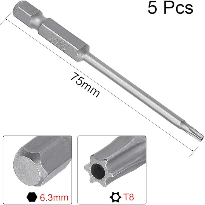 uxcell 5 Pcs T8 Magnetic Torx Screwdriver Bits, 1/4 Inch Hex Shank 3-inch Length S2 Security Tamper Proof Screw Driver Kit Tools