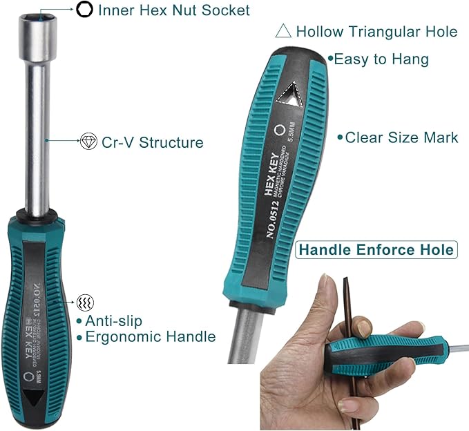 Utoolmart Socket Wrench Screwdriver, 5.5mm Non-Magnetic Tip Hex Nut Driver, Socket Driver Hex Nut Key Wrench Screwdriver, with 75mm Cr-V Steel Round Shaft, Screwdriver Nutdriver Hand Tool