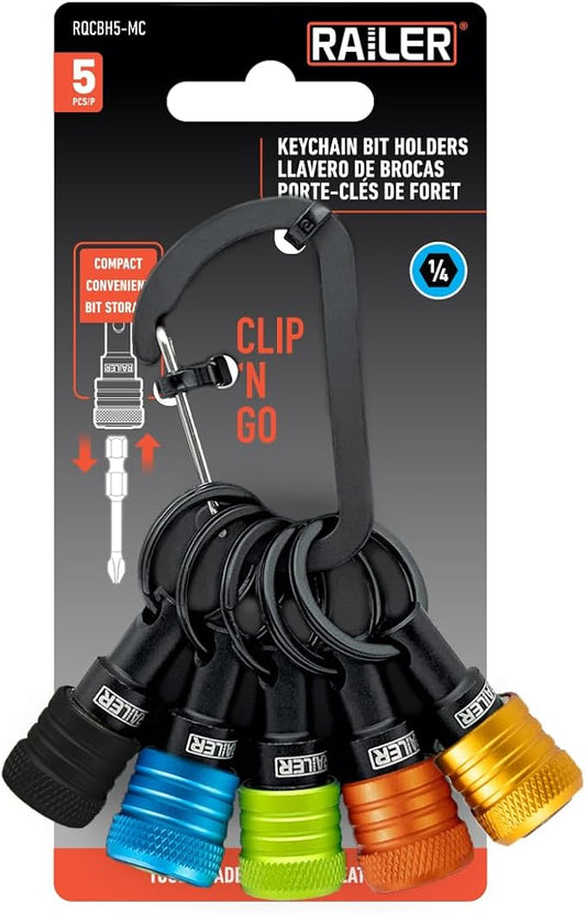 Railer Bit Holder Keychain 5pc - 1/4 inch Hex Shank Bit Holders - Quick-Change Design for Nut Driver, Screwdriver & Drill Bits, Include Keychain Carabiner (Multi-Color)