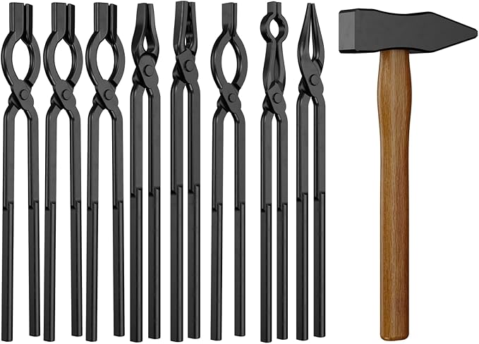 Blacksmith Tongs Set,9PCS Blacksmith Forge Kit for Beginner and Seasoned Blacksmiths, Craftsmen and Bladesmiths