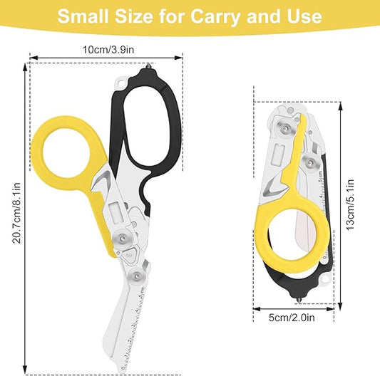 6 in 1 trauma shears, folding emergency shear, Outdoor Camping Tools, Seat Belt Cutter, Oxygen Cylinder Wrench, Complimentary Adjustable Wrench (Black Yellow)