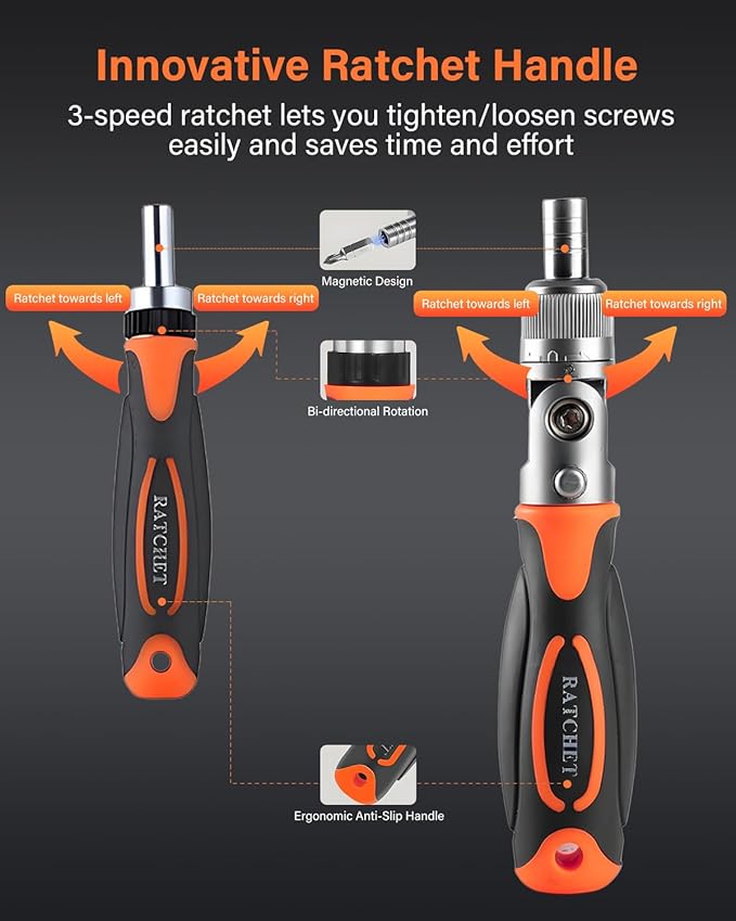 Ratcheting Screwdriver Set, 68 in 1 Socket Set & Magnetic Screwdriver Set with Rotatable Ratchet Handles, Extensions Bar and Storage Case for Phone, Computer, Bike, Car, Electronics Maintenance