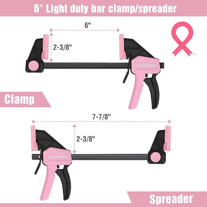 WORKPRO Mini Bar Clamps for Woodworking, 6"(2) and 4-1/2"(2), 4-Piece One-Handed Clamp/Spreader, Light-Duty Quick-Change F Clamp with 150lbs Load Limit - Pink Ribbon