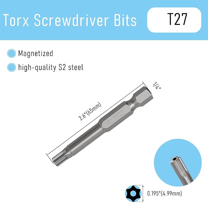 5PCS T27 Magnetic Tamper Proof Torx Screwdriver Bits, 1/4 Inch Hex Shank 2.6 Inch Length S2 Steel Security Drill Torx Head Drill Screw Driver Tools(65mm Long, Star 6 Point)