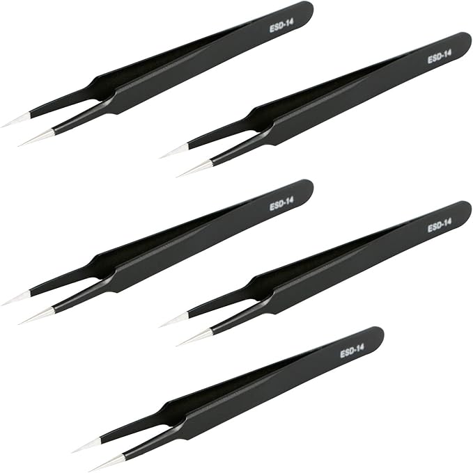 Aoje-Link ESD-14 Professional Anti-Static Precision Technology Tweezers, Non-magnetic Tip Straight, Stainless Steel Plastic Coated, Full Length 120mm, Black, 5pcs