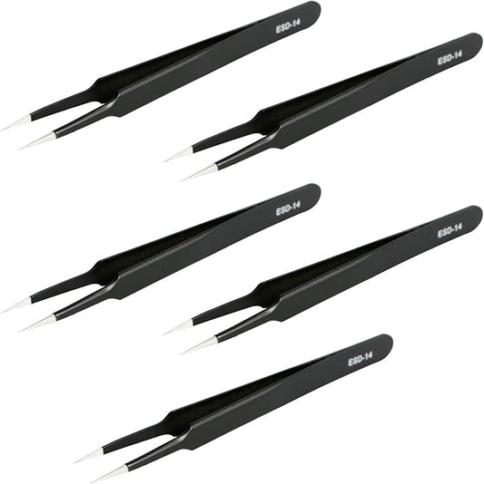 Aoje-Link ESD-14 Professional Anti-Static Precision Technology Tweezers, Non-magnetic Tip Straight, Stainless Steel Plastic Coated, Full Length 120mm, Black, 5pcs