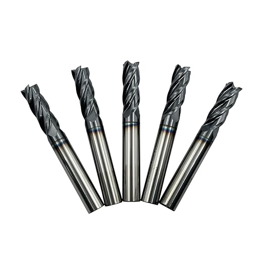 5PCS 1/4 inches Carbide Square End Mill Bits Set, Milling Bits Cutter Carbide End Mills for Alloy Steels/Hardened Steels, HRC 45 Deg Single End 4 Flute AlTiN Coating, 1/4 in