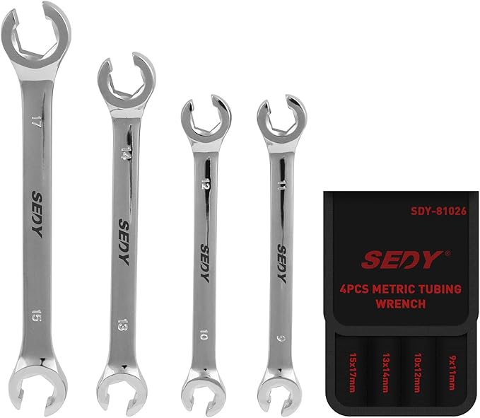 SEDY 4-Piece Flare Nut Wrench Set, Offset End Spanner Metric 9 10 11 12 13 14 15 17mm, CR-V Steel Storage Pouch Repair and Remove Nuts on Fuel Tube Hose Transmission Line