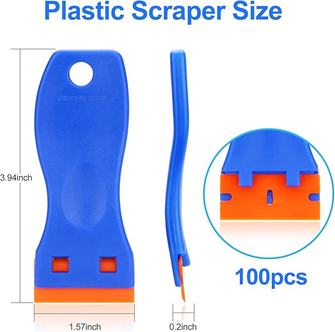 4 Pcs Plastic Razor Blade Scraper and 100 Pcs Blades, Remove Label Decal Tool竊?Forwithout Scratches Plastic Razor Blade Scraper, Adhesive Remover for Stickers, Gaskets and Paints on Window Car Glass