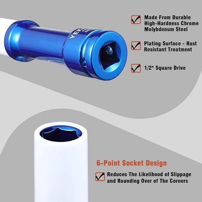 17mm 6" Extra-long Thin Wall Wheel Protector Impact Deep Socket Set, Non-Marring Lug Nut Socket Set, 6 Point, W12003A-17