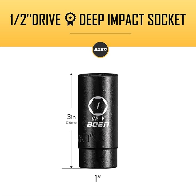 BOEN 1/2" Drive Deep Impact Socket,1 Inch Premium Socket,SAE,6 Point,Cr-V Steel with Laser Marking - Strong and Durable