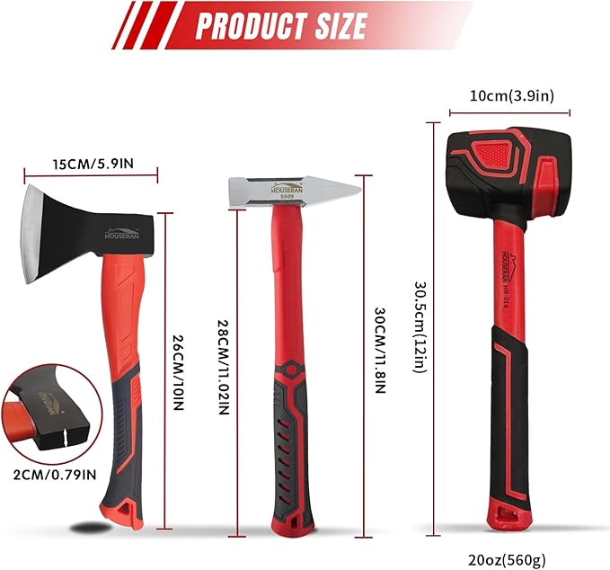 3 Piece Hammer Set, 14" Camping Axe, 400g Engineer Hammer, 20oz Rubber Mallet, Hammers Tools, Large Hammer, Suitable for Home Renovation, Woodworking, Construction, DIY