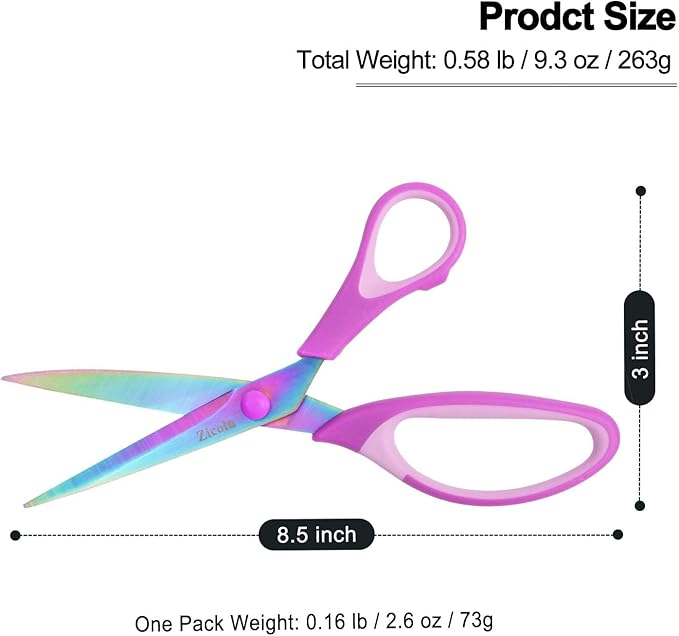 8.5" Scissors All Purpose, Multipurpose Office Scissors Set of 3 Pack, Titanium Coating Sharp Blade, Soft Comfort-Grip, Ideal for Fabric, School, Home, Craft & Sewing, Right/Left Handed, Purple
