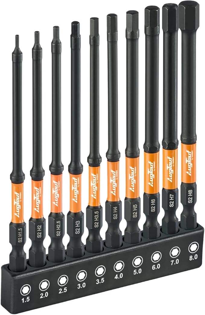 toolant Impact Hex Head Allen Wrench Drill Bit Set 10pcs (Metric), 1/4" Hex-Shank S2 Steel Hex Bits Set, CNC Machined Tips with Magnetism, 4" Long with Storage Box
