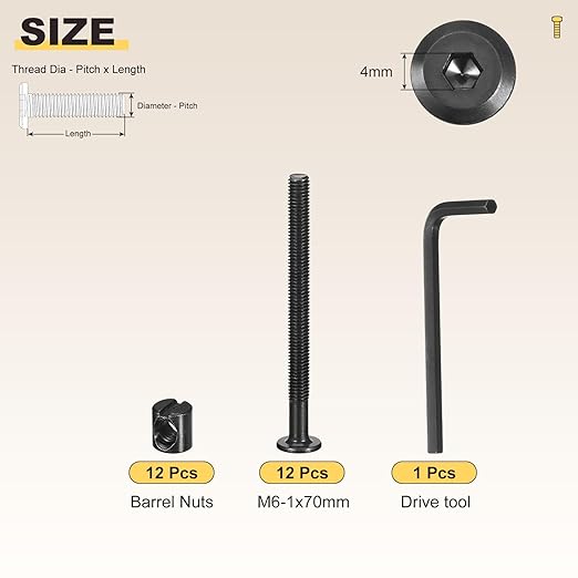 METALLIXITY Furniture Crib Screws Replacement Set with Wrench(M6-1x70mm) 25Pcs, Connector Bolt M6 Screw Barrel Nuts Binding Screws, for Chair Cabinet Bed, Black