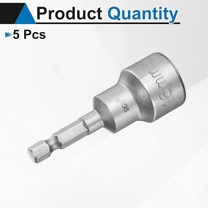 HARFINGTON 5pcs Nut Driver Drill Bit 16mm Metric Socket 1/4" Hex Shank 2.56" (65mm) Long Magnetic 6-Point Sockets Quick Change CR-V Steel Bolt Setters for Power Drill Drivers
