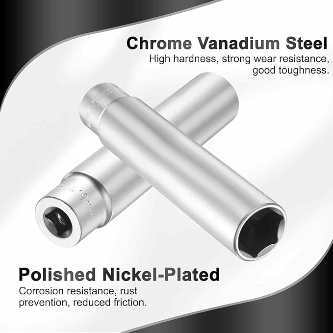 HARFINGTON 6 Points Deep Socket 3/8" Drive 19mm Deep Metric CR-V Steel Polished Nickel Plating Flip Sleeve 120mm / 4.7" Extra Long Socket Tool for Home Auto Nuts Bolts Repair