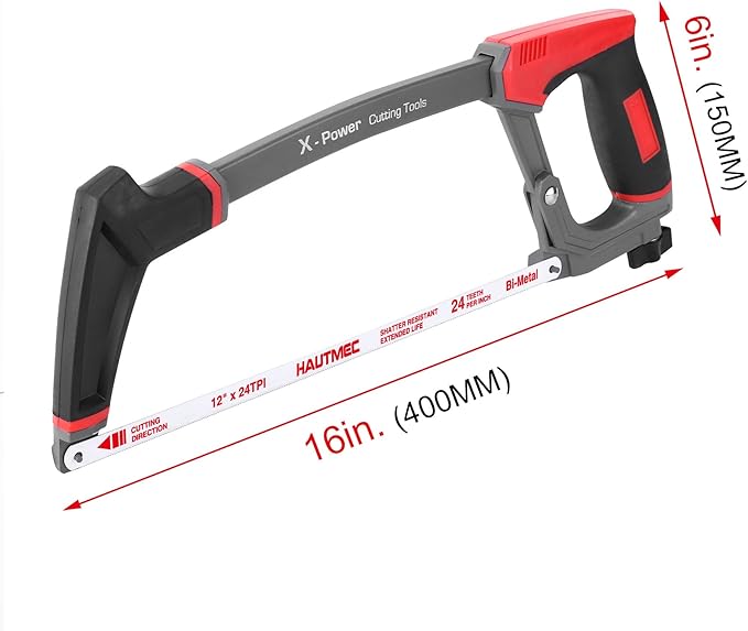HAUTMEC 12-Inch Heavy Duty Hacksaw with High-Tension Solid Aluminium Frame, 45°/90° Dual Cutting Angles, Quick Blade Change,24 TPI Bi-Metal Blade for Heavy-Duty Cutting – HT0146