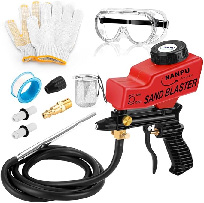 NANPU Light-Duty Air Sandblaster Gun Kit with Siphon & Gravity Feed, Ceramic Nozzle, Metal Body, for Small Project Surface Prep, Paint & Rust Removal, Metal/Wood/Glass Etching竊똓equires Air Compressor