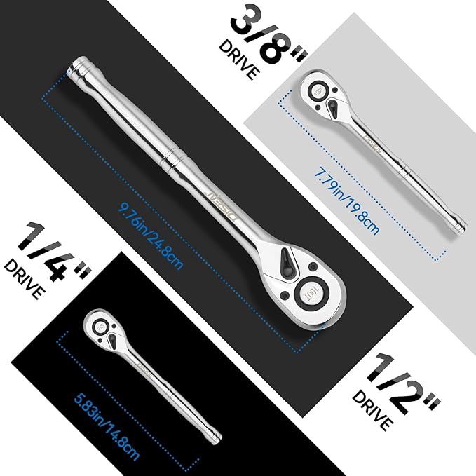 DISEN 3-Piece Standard Ratchet Set ??1/4", 3/8", 1/2" Drive with EVA Storage Tray | 100-Tooth Ratchet, Non-Slip Grip, Quick Release Button | Reversible Design with 3.6째 Swing for Tight Spaces