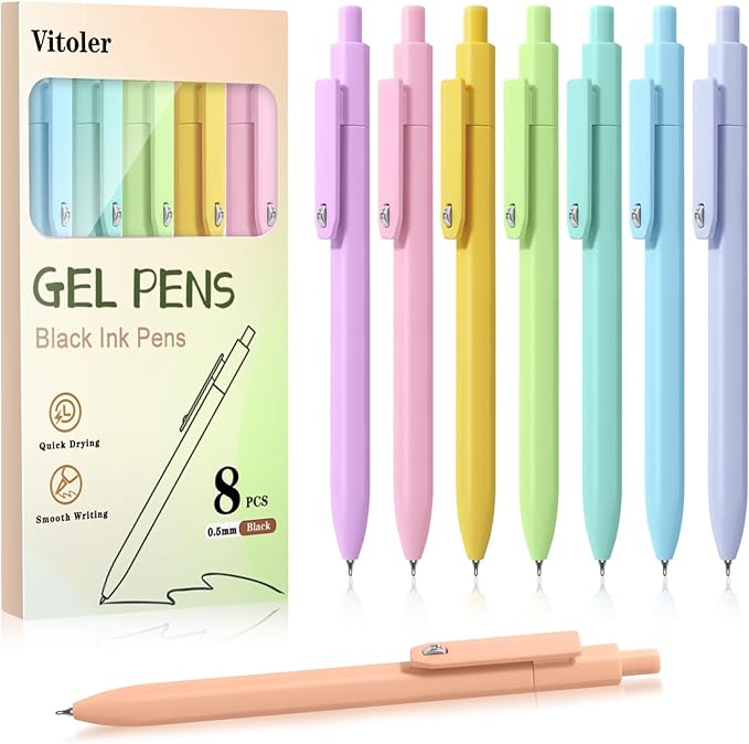 Vitoler Pens, 8 pcs Cute Color Gel Pens, 0.5mm Black Ink Pens Fine Point Smooth Writing Pens for Women/Nurse Gift School Office Desk Accessories Supplies