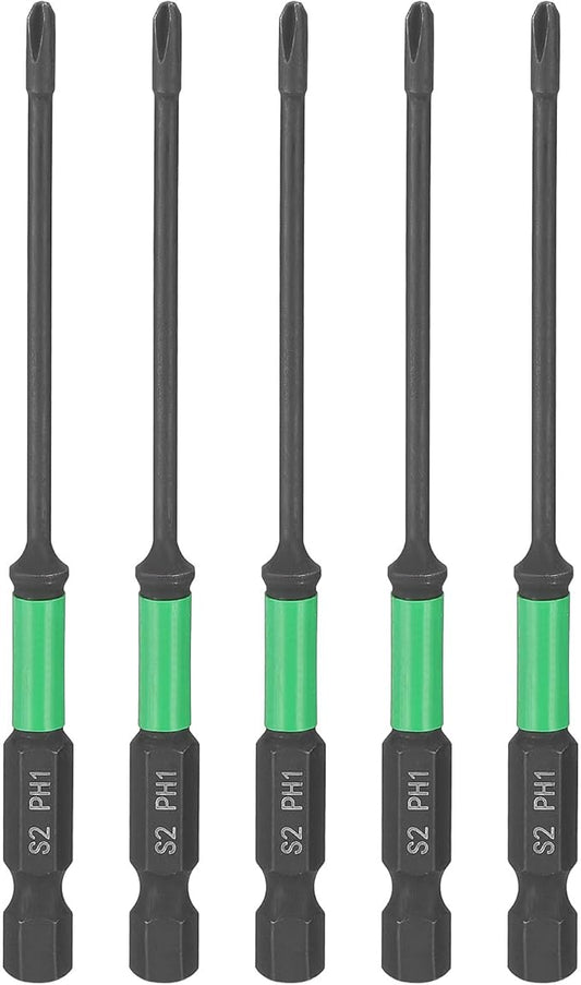 HARFINGTON 5pcs #1 Impact Phillips Screwdriver Bit PH1 1/4" Hex Shank 4" (100mm) Length 0.1" Rod Magnetic Cross Head Drill Bits S2 Steel Industrial Screw Drivers for Impact Power Tools