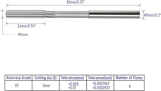 Chucking Reamer 5mm, H7 HSS Cobalt M35 Lathe Machine Reamer Metric, 6 Straight Flutes, Round Straight Shank Milling Cutting Tool, for Stainless Steel Alloy Copper Metal