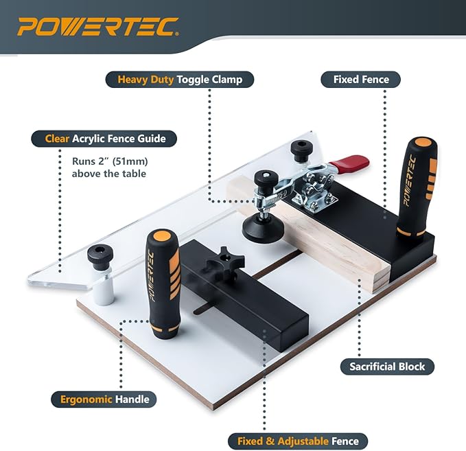 POWERTEC 72032 Deluxe Router Table Fence System 3-3/8" Tall 24" Long and Rail Coping Sled for Router Tables, Professional Precise Cutting Rail for Cabinet Door Joints, Drawers and Woodworking