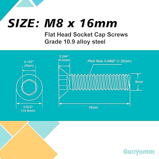 M8-1.25 x 16mm 25PCS Flat Head Hex Socket Cap Screws, Countersunk Bolts, 10.9 Grade Alloy Steel, Black Oxide Finish, Metric Allen Drive, Fully Threaded