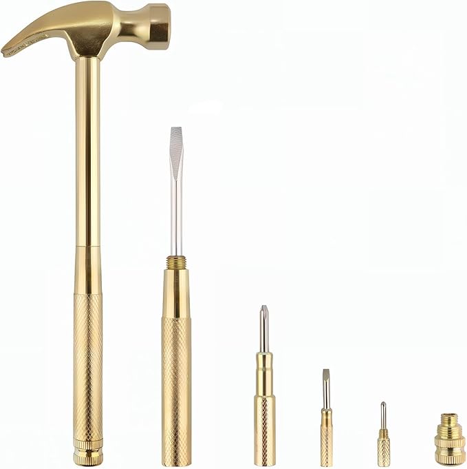 Multifunction Hammer 6 in 1 with Slotted/Flat Head Phillips Screwdriver Claw Hammer Manual, Portable Metal Mini Tool Hammer (Gold)