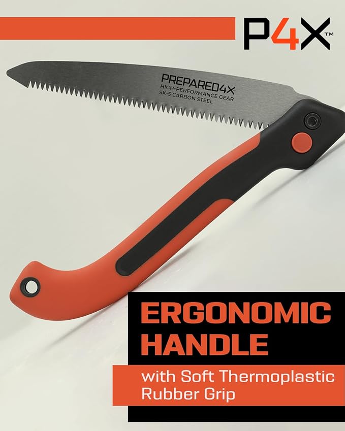 Prepared4X Folding Saw - 8.5" Camping Saw for wood cutting -Heavy Duty, Lightweight SK-5 Steel Blade with Safety Lock, Ergonomic Non-Slip Grip