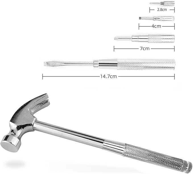 6-in-1 mini multifunctional metal hammer and screwdriver hand tool for opening walnuts, including cross and flat screwdrivers, home repair tools, and camping hammer set (Silver)