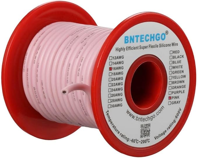 BNTECHGO 16 Gauge Silicone Wire Spool 50 ft Pink Flexible 16 AWG Stranded Tinned Copper Wire