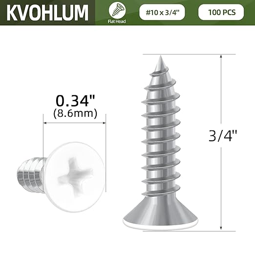 100 PCS #10 x 3/4" White Head Sheet Metal Screws, Flat Head Phillips Fast Self Tapping Screws, Countersunk Head Wood Screws, Screwdriver Bit Included