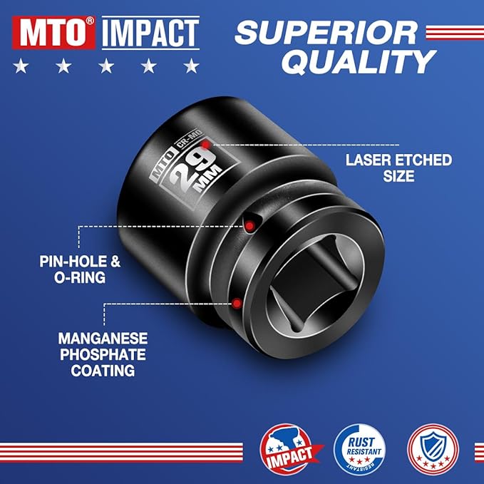 MTO 1/2" Drive 29mm Shallow Impact Socket, 6-Point Metric Socket, CR-MO Steel & Anti-Corrosion Coating for Tight Spaces and Heavy-Duty Tasks