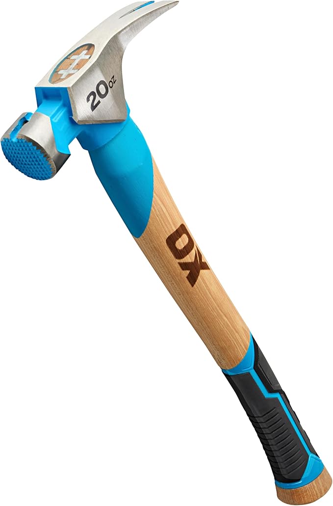 OX Tools Pro 20oz Curved Hickory Handle Hammer with TPR Rubber Hands Grip Hickory Framing Magnetic Nail Starter Curved Axe Handle Milled Face Craftsman Hammer Nail Puller Carpenter Tool OX-P087220