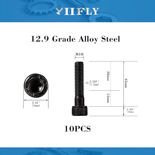 YIIFLY M10-1.5 x 45mm Socket Head Cap Screws, M10x1.5 Bolt, 12.9 Grade Alloy Steel, Allen Socket Drive, Black Oxide Finish, Half Thread, Quantity 10