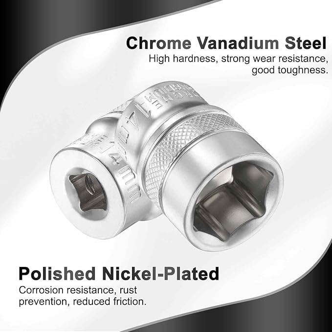 HARFINGTON 6 Points Deep Socket 1/4" Drive 14mm Deep Metric CR-V Steel Polished Nickel Plating Flip Sleeve 25mm / 1" Extra Long Socket Tool for Home Auto Nuts Bolts Repair