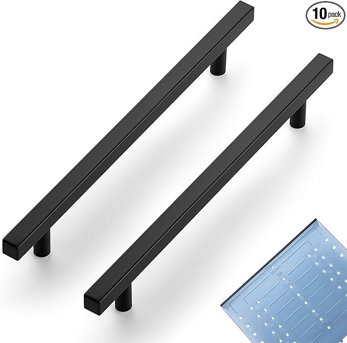 Ravinte 10 Pack 7-1/2 Inch Cabinet Pulls Black Sqaure Kitchen Cabinet Handles Black Cabinet Hardware Stainless Steel Drawer Pulls 10 Inch Overall Length with Mounting Template